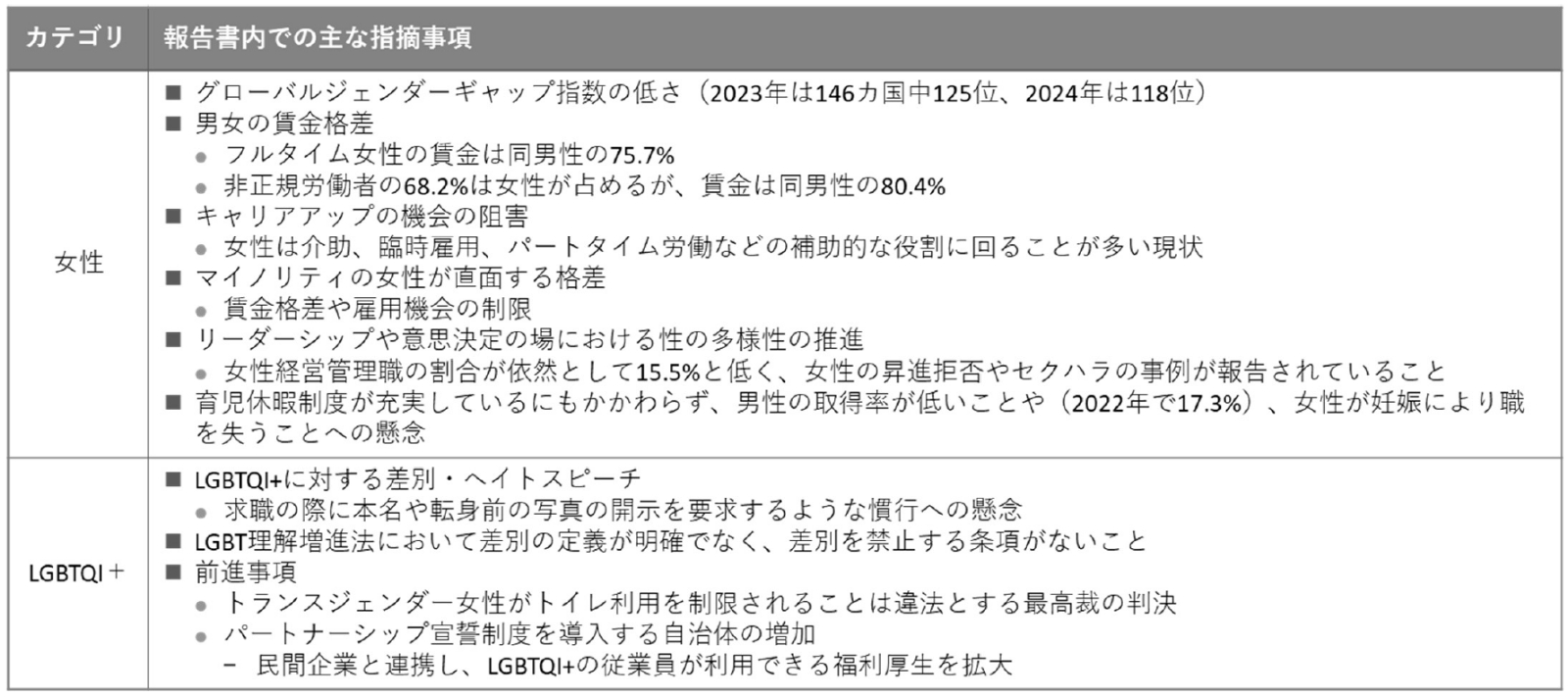 報告書内での主な指摘事項（女性、LGBTQI+）